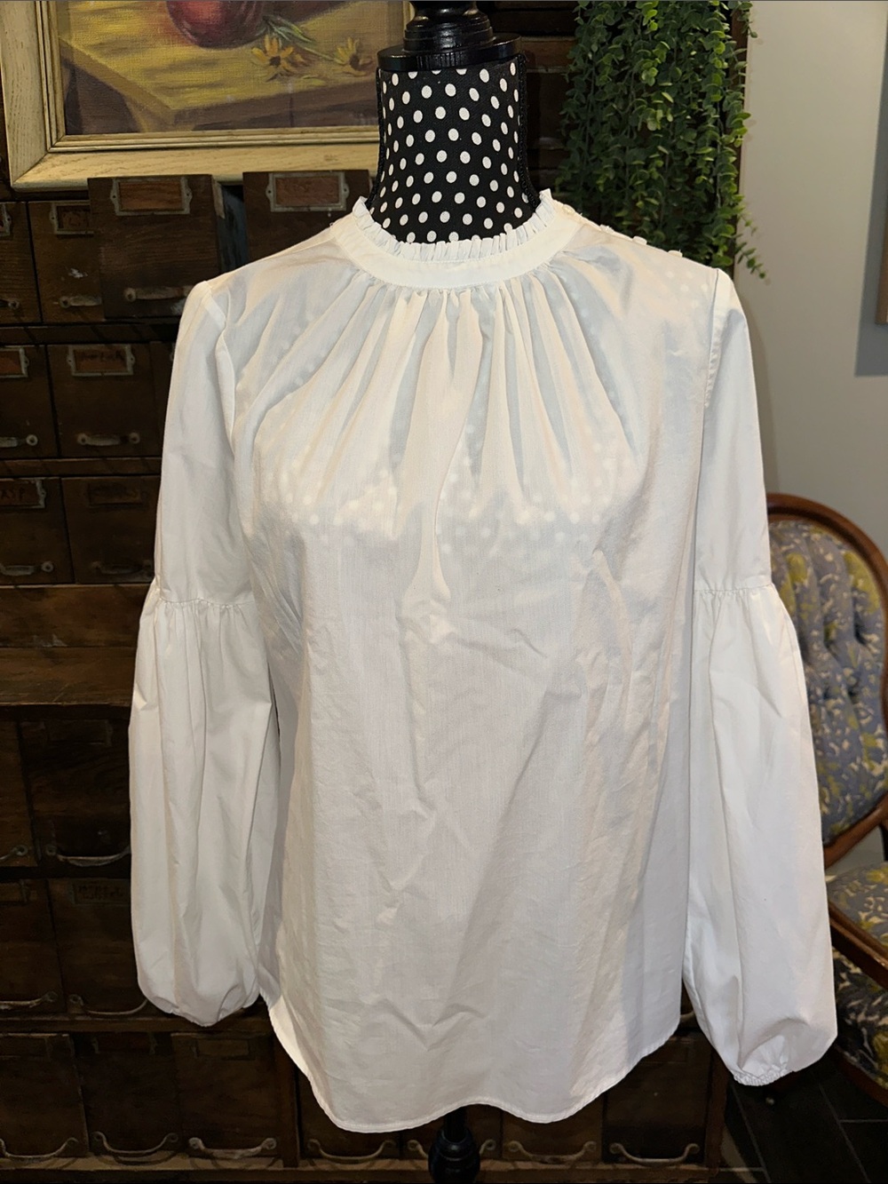 Worthington White Smocked-Neck Balloon-Sleeve Blouse